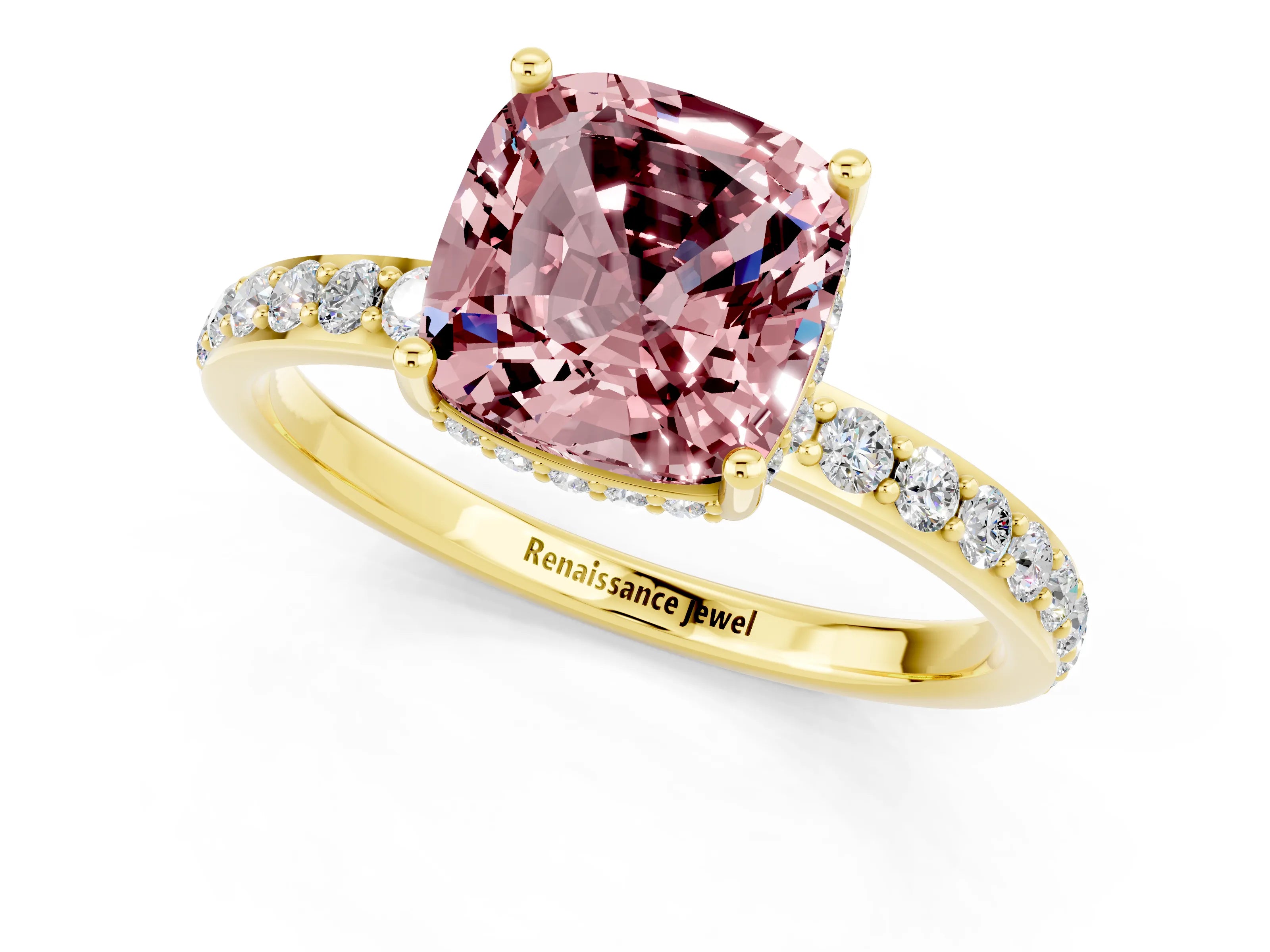 Yellow gold Cushion Cut Morganite Solitaire Ring with Pavé Band and Hidden Halo_13
