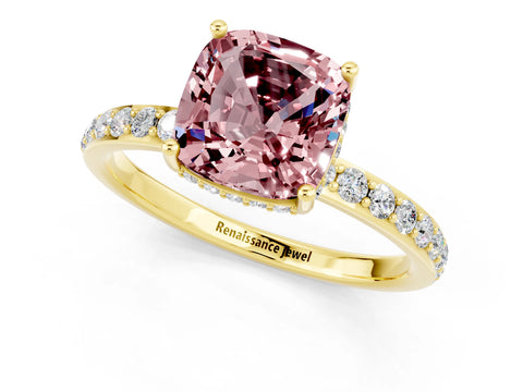 Yellow gold Cushion Cut Morganite Solitaire Ring with Pavé Band and Hidden Halo_13