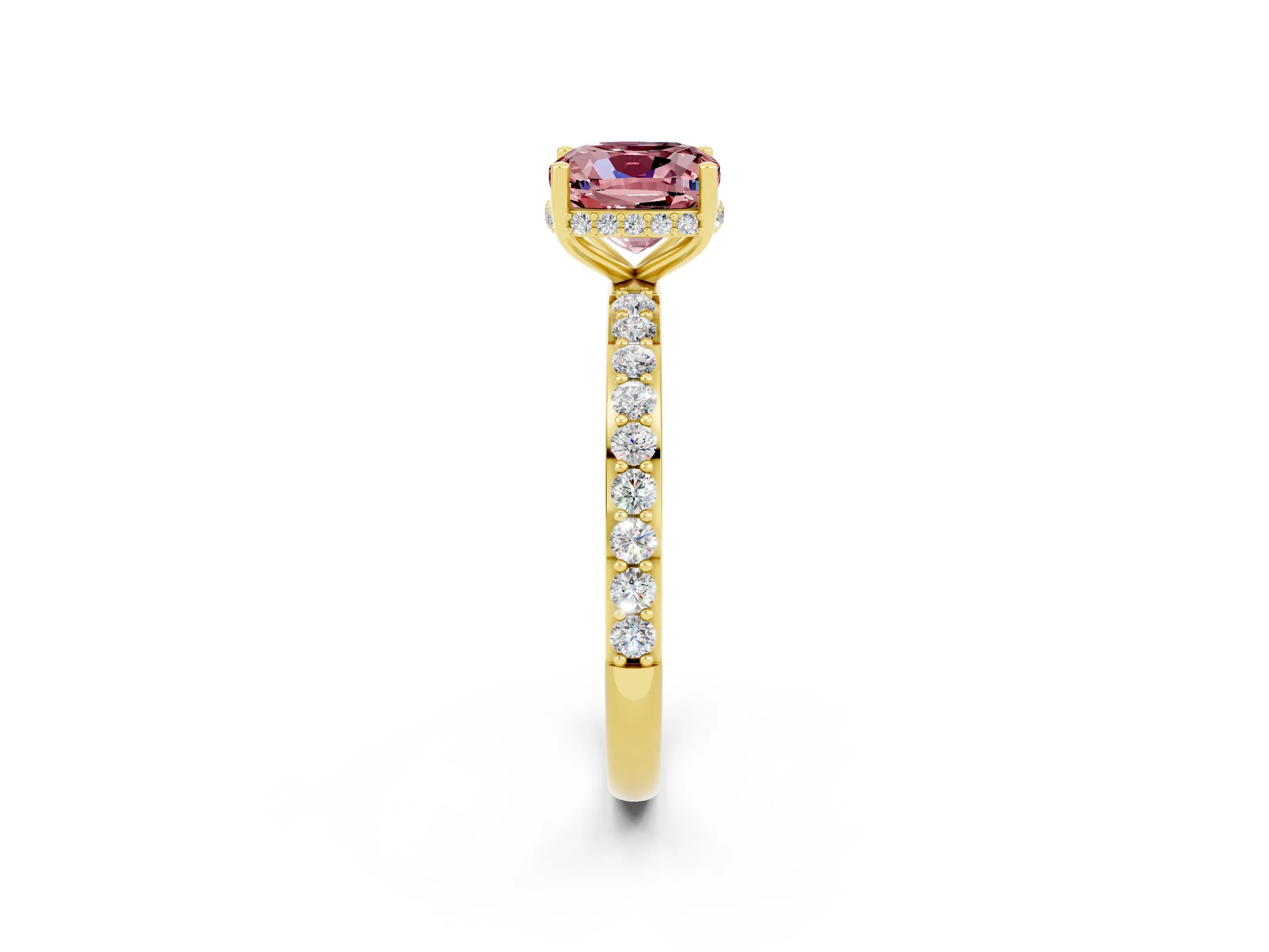 Yellow gold Cushion Cut Morganite Solitaire Ring with Pavé Band and Hidden Halo_14