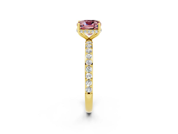 Yellow gold Cushion Cut Morganite Solitaire Ring with Pavé Band and Hidden Halo