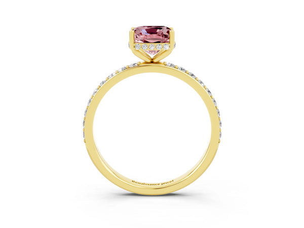 Yellow gold Cushion Cut Morganite Solitaire Ring with Pavé Band and Hidden Halo