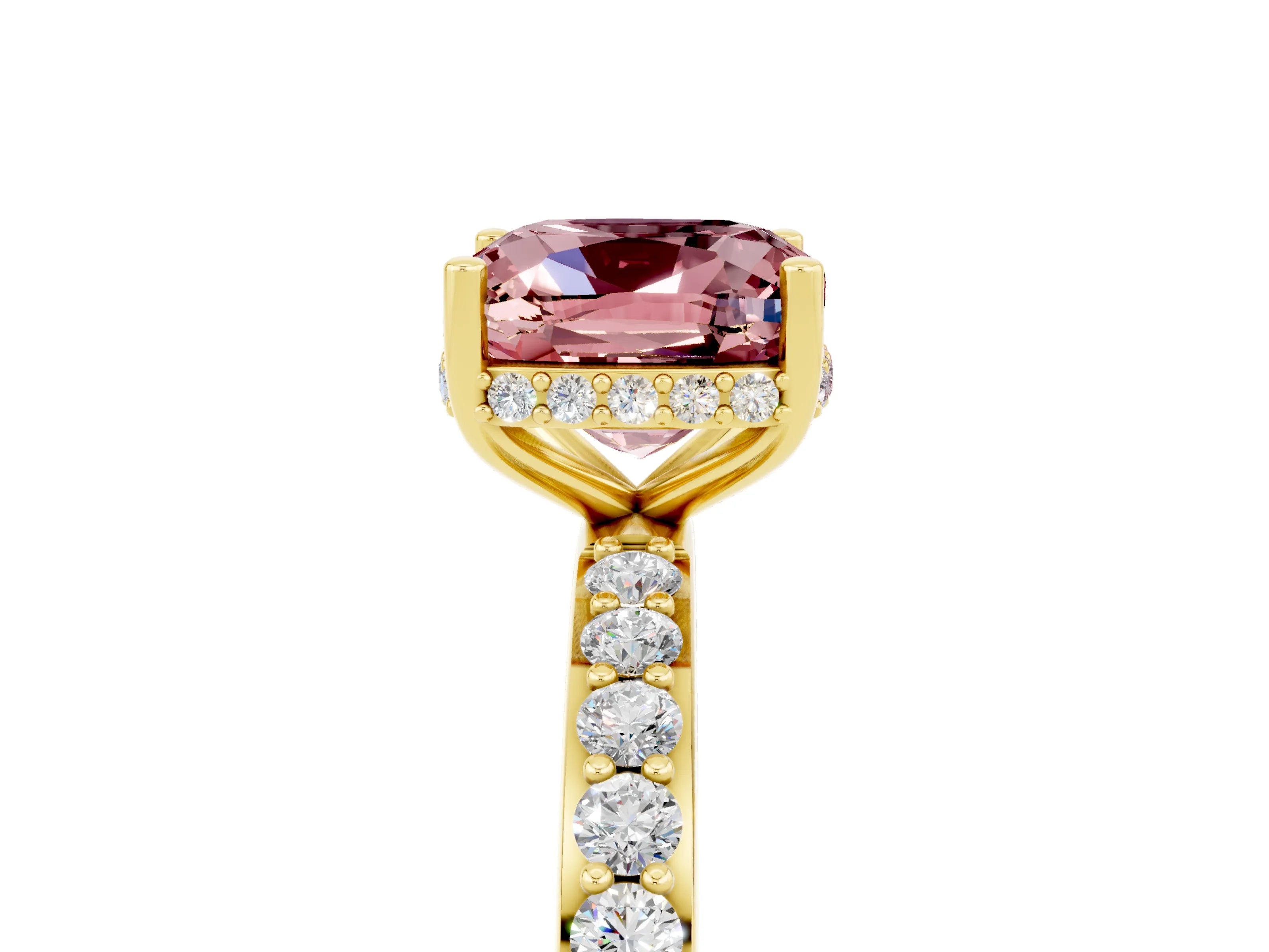 Yellow gold Cushion Cut Morganite Solitaire Ring with Pavé Band and Hidden Halo_17
