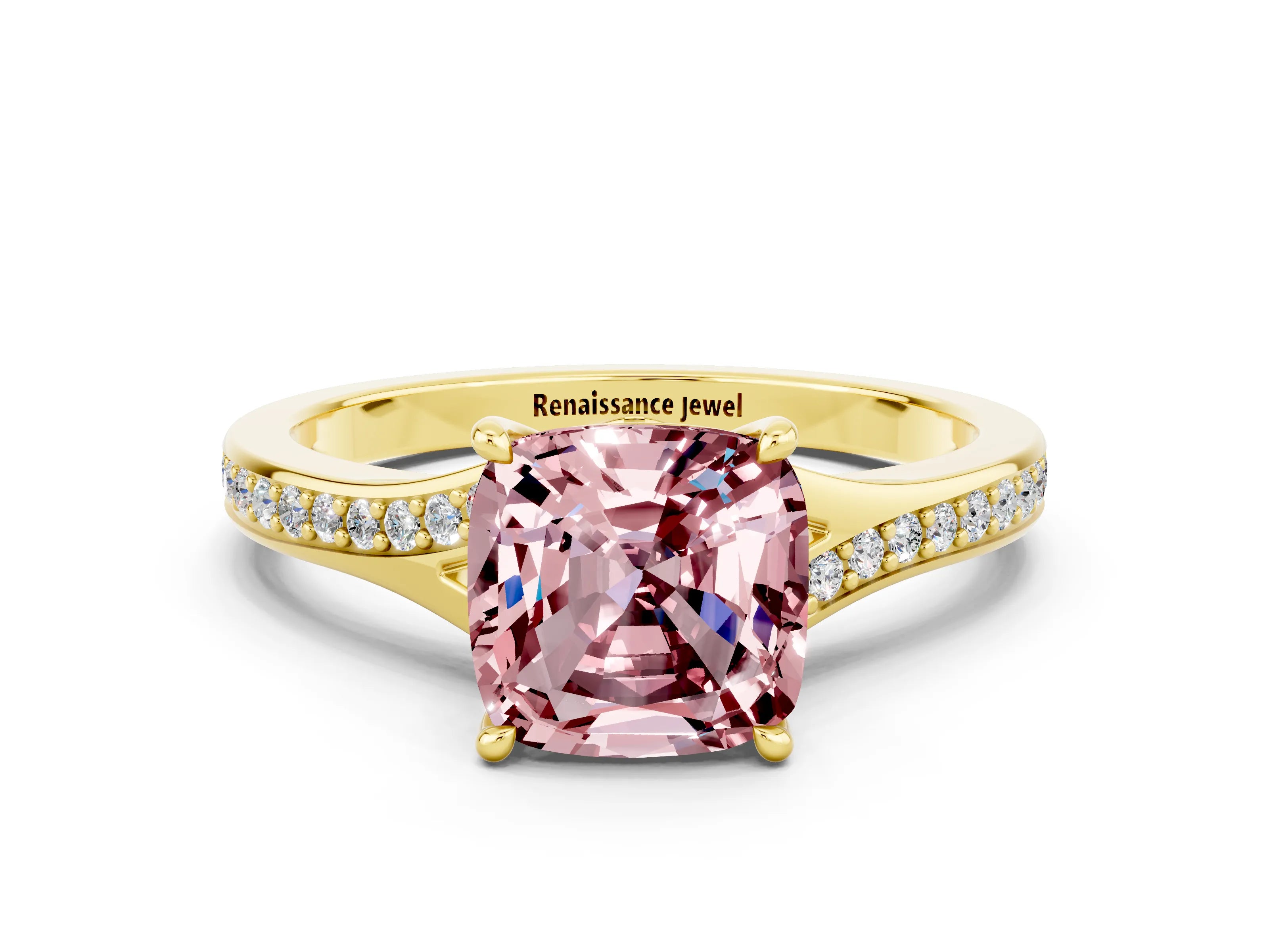 Yellow gold Cushion Cut Morganite Solitaire Ring with Pavé Band and Prong Setting