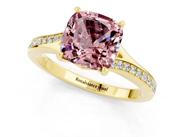 Yellow gold Cushion Cut Morganite Solitaire Ring with Pavé Band and Prong Setting