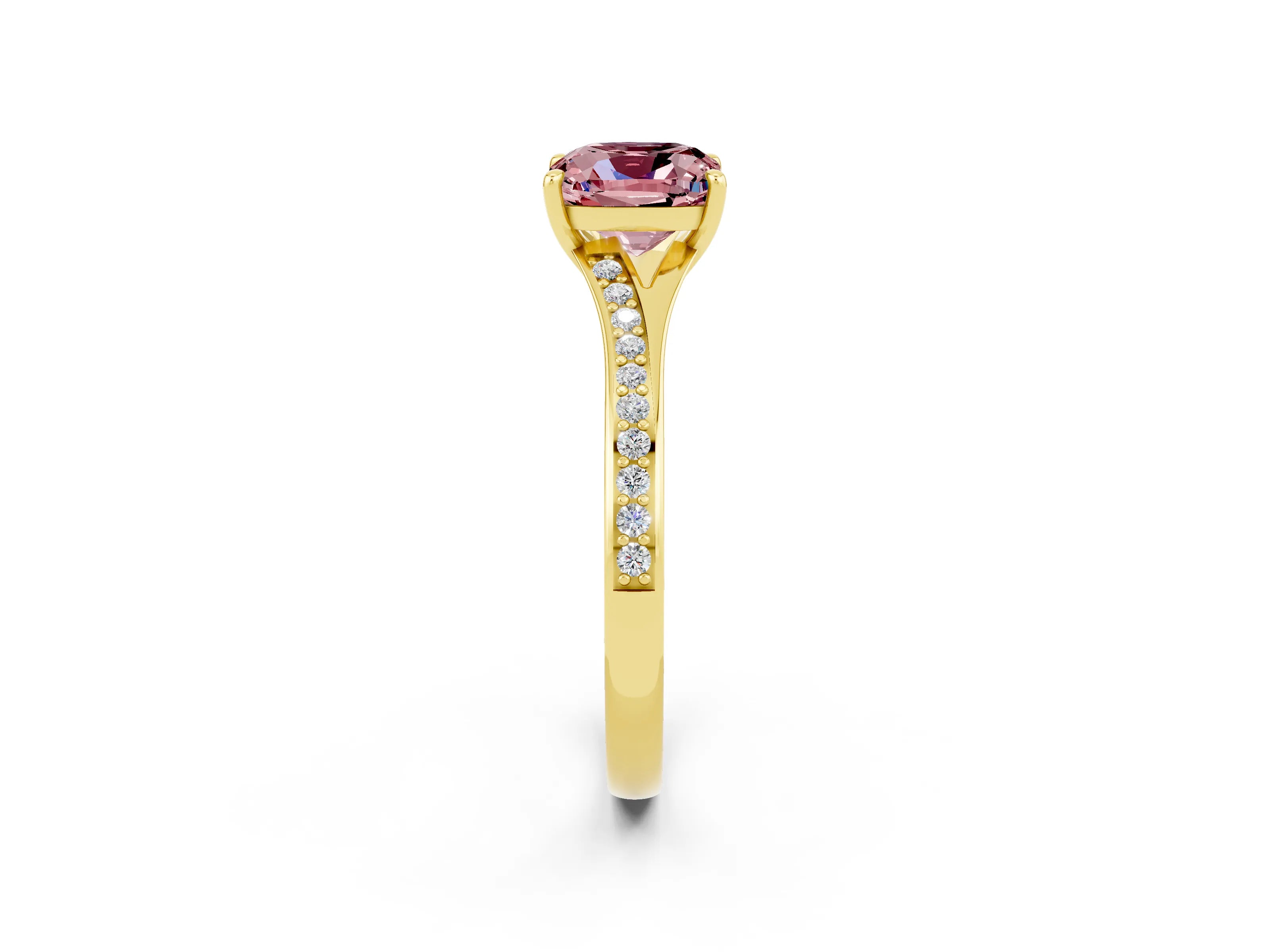 Yellow gold Cushion Cut Morganite Solitaire Ring with Pavé Band and Prong Setting_2