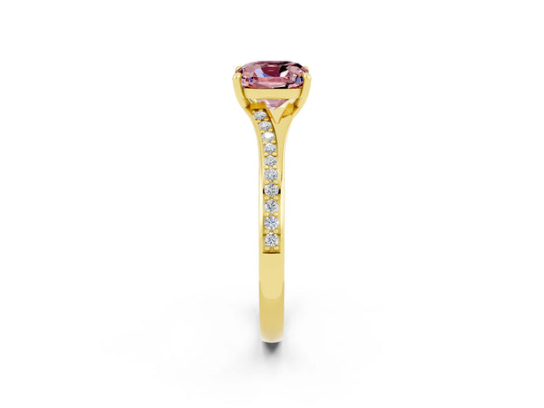 Yellow gold Cushion Cut Morganite Solitaire Ring with Pavé Band and Prong Setting