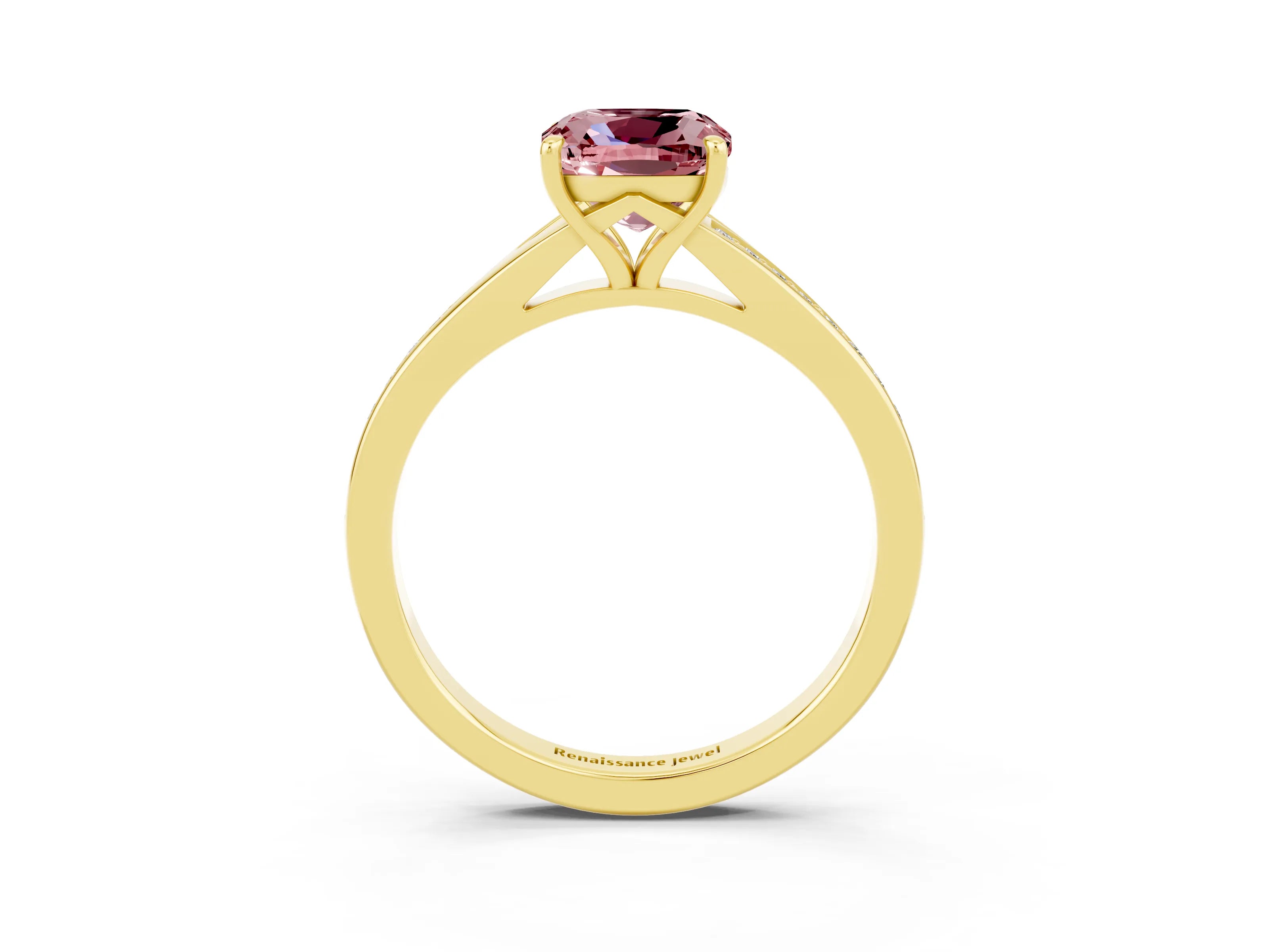 Yellow gold Cushion Cut Morganite Solitaire Ring with Pavé Band and Prong Setting_3