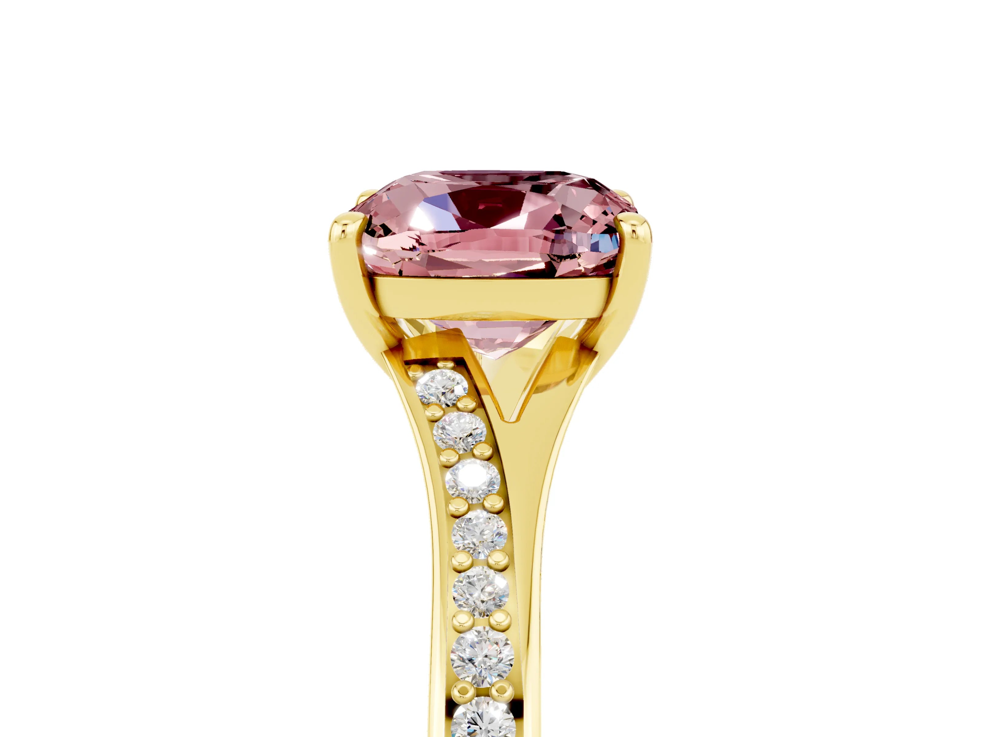 Yellow gold Cushion Cut Morganite Solitaire Ring with Pavé Band and Prong Setting_5