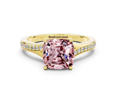 Yellow gold Cushion Cut Morganite Solitaire Ring with Pavé Band and Prong Setting