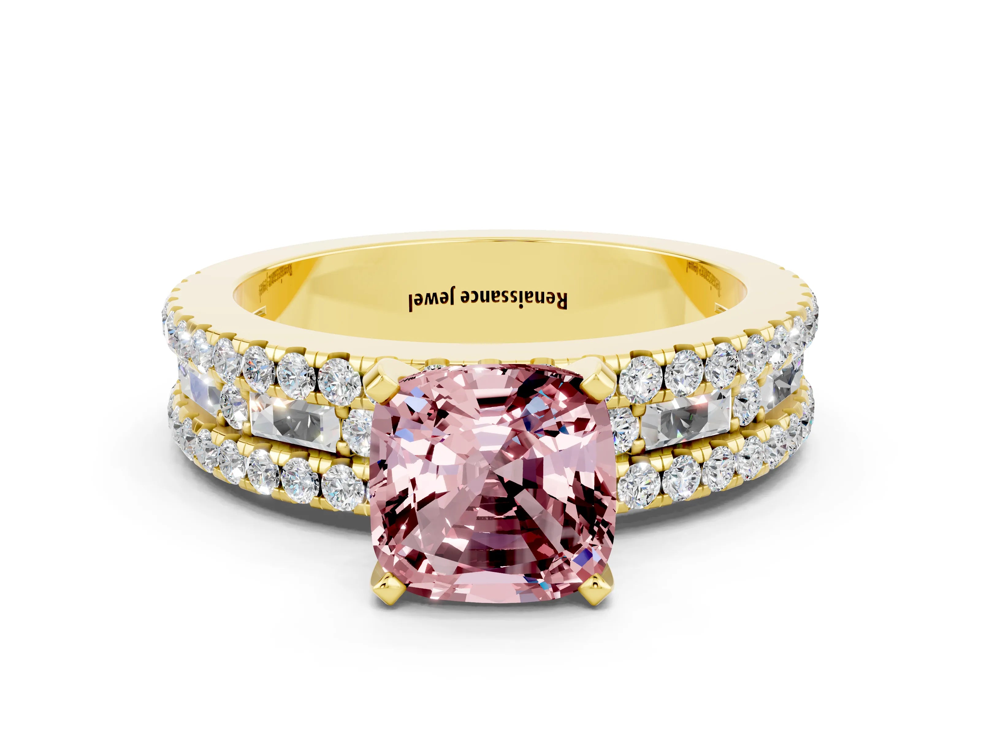 Yellow gold Cushion Cut Morganite Solitaire Ring with Pavé and Channel Set Band
