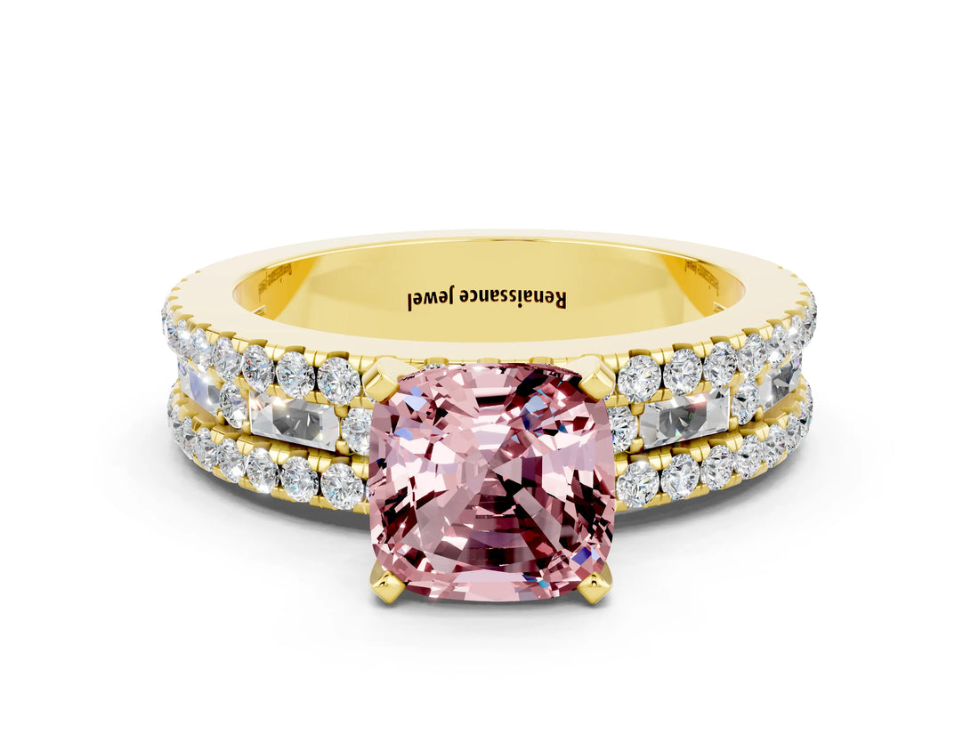 Yellow gold Cushion Cut Morganite Solitaire Ring with Pavé and Channel Set Band