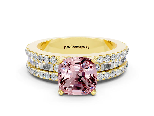 Yellow gold Cushion Cut Morganite Solitaire Ring with Pavé and Channel Set Band