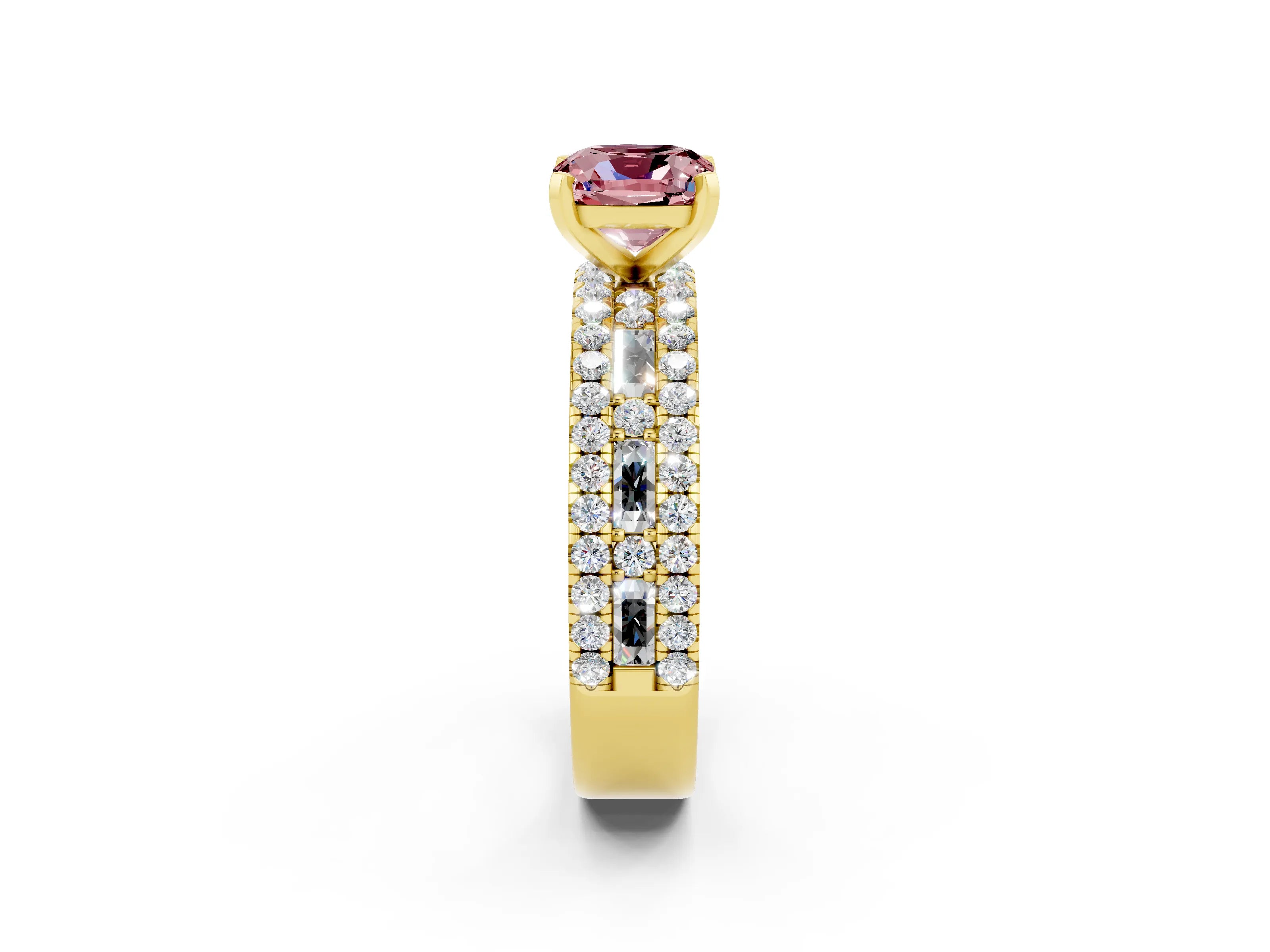 Yellow gold Cushion Cut Morganite Solitaire Ring with Pavé and Channel Set Band_2