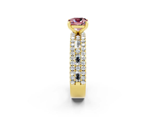 Yellow gold Cushion Cut Morganite Solitaire Ring with Pavé and Channel Set Band