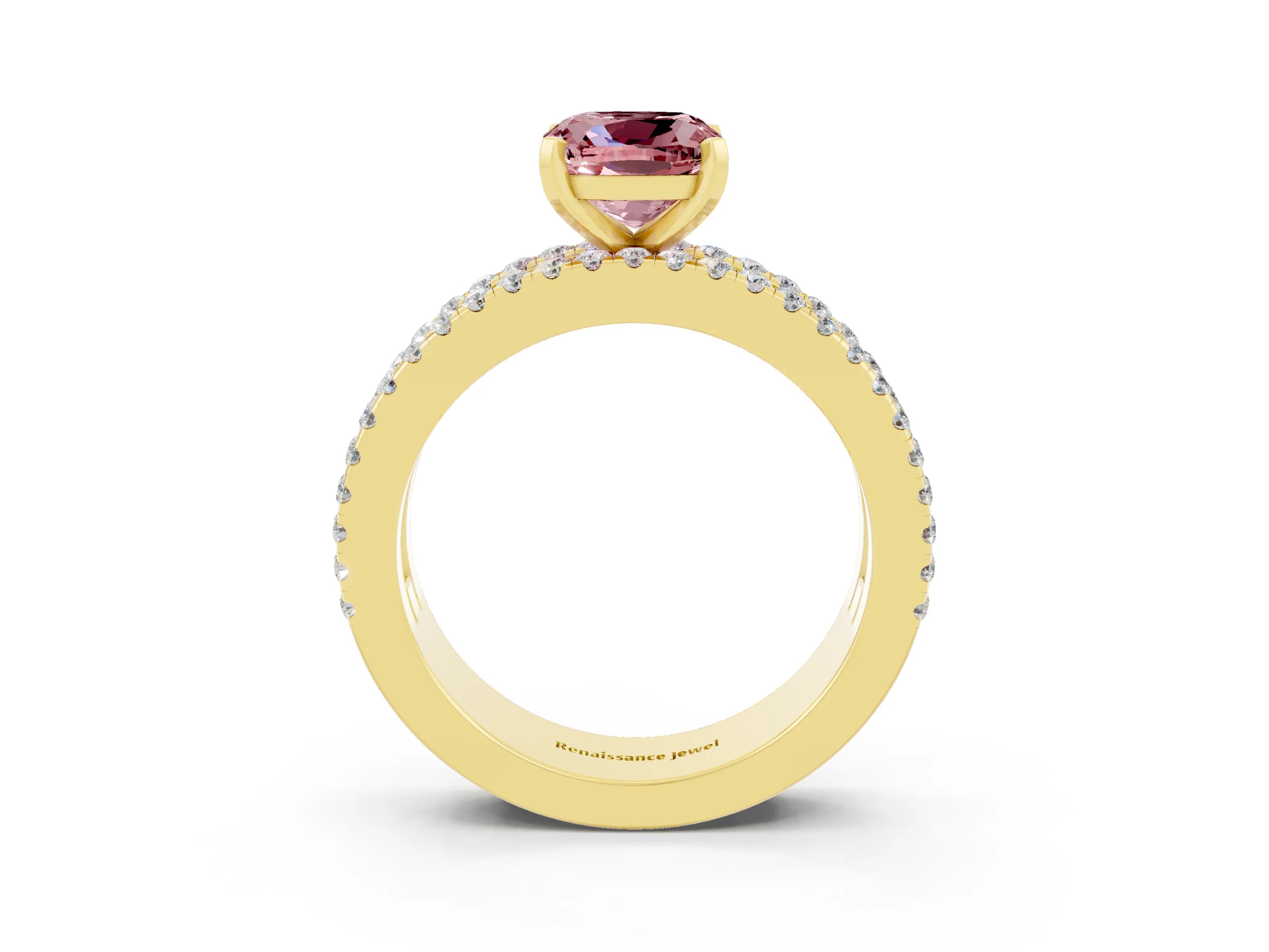 Yellow gold Cushion Cut Morganite Solitaire Ring with Pavé and Channel Set Band_3