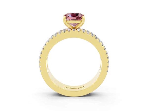 Yellow gold Cushion Cut Morganite Solitaire Ring with Pavé and Channel Set Band