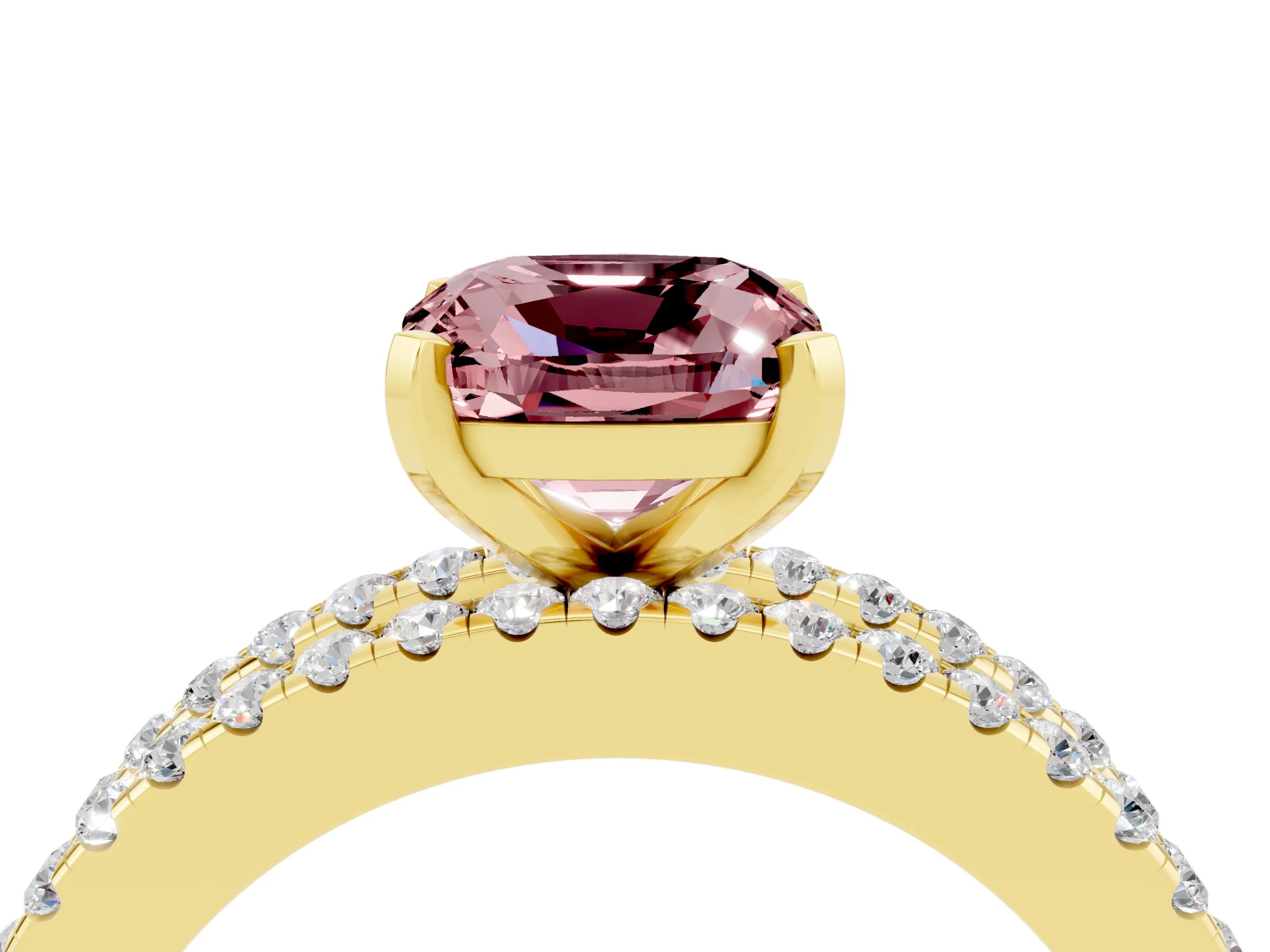 Yellow gold Cushion Cut Morganite Solitaire Ring with Pavé and Channel Set Band_4