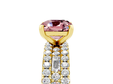 Yellow gold Cushion Cut Morganite Solitaire Ring with Pavé and Channel Set Band_5