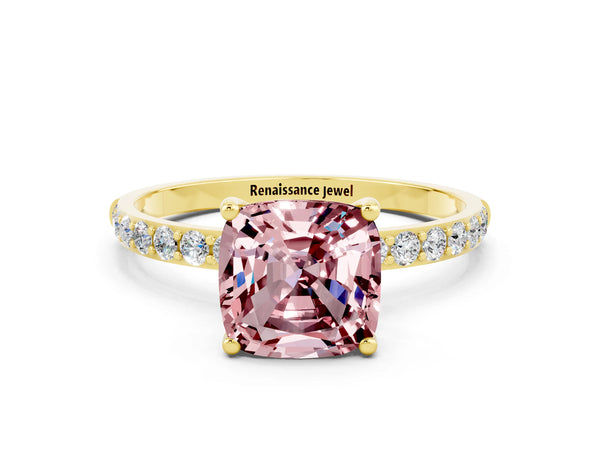 Yellow gold Cushion Cut Morganite Solitaire Ring with Round  Pavé Band and Prong Setting