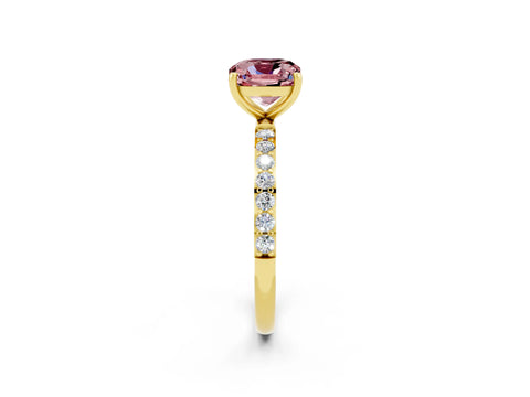 Yellow gold Cushion Cut Morganite Solitaire Ring with Pave Band and Four Prong Setting_26