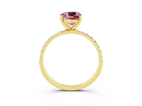 Yellow gold Cushion Cut Morganite Solitaire Ring with Round  Pavé Band and Prong Setting