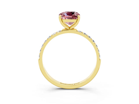 Yellow gold Cushion Cut Morganite Solitaire Ring with Pave Band and Four Prong Setting_27