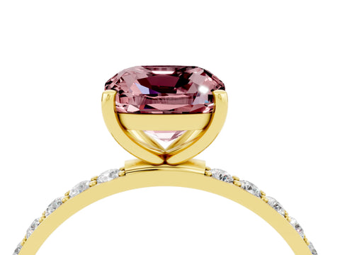 Yellow gold Cushion Cut Morganite Solitaire Ring with Pave Band and Four Prong Setting_28