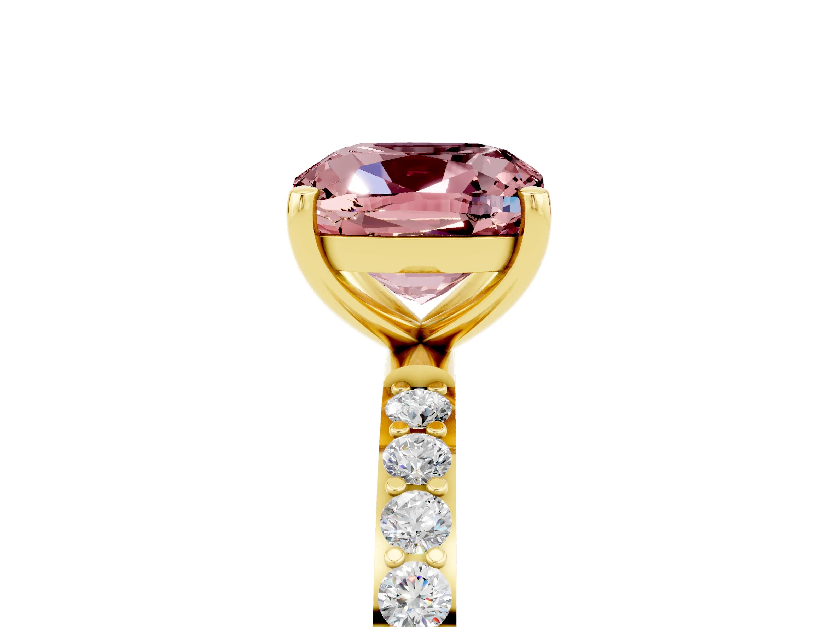 Yellow gold Cushion Cut Morganite Solitaire Ring with Pave Band and Four Prong Setting_29