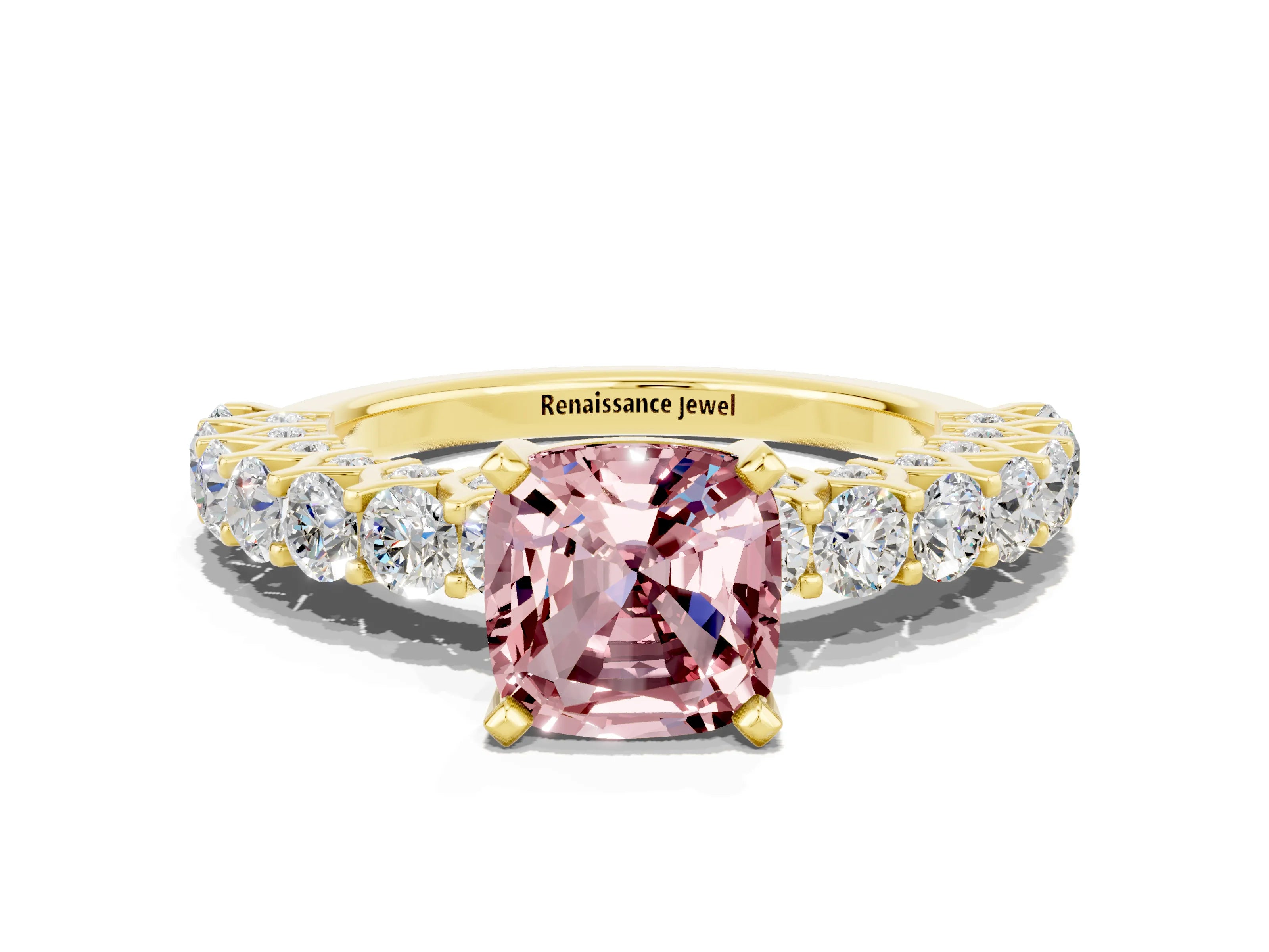 Yellow gold Cushion Cut Morganite Solitaire Ring with Shared Prong Pavé Band and Four-Prong Setting