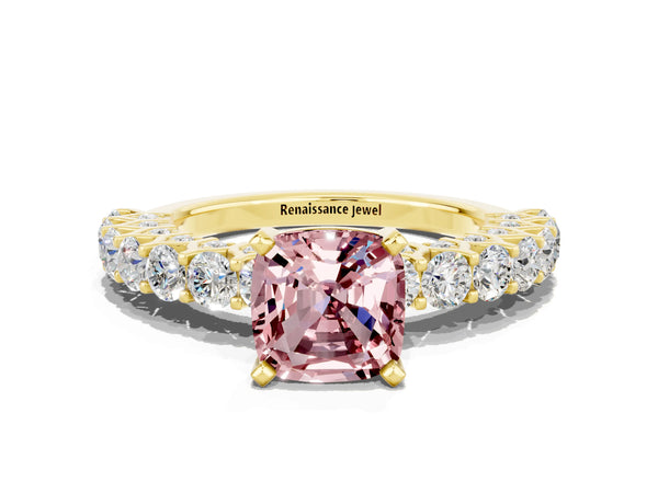 Yellow gold Cushion Cut Morganite Solitaire Ring with Shared Prong Pavé Band and Four-Prong Setting