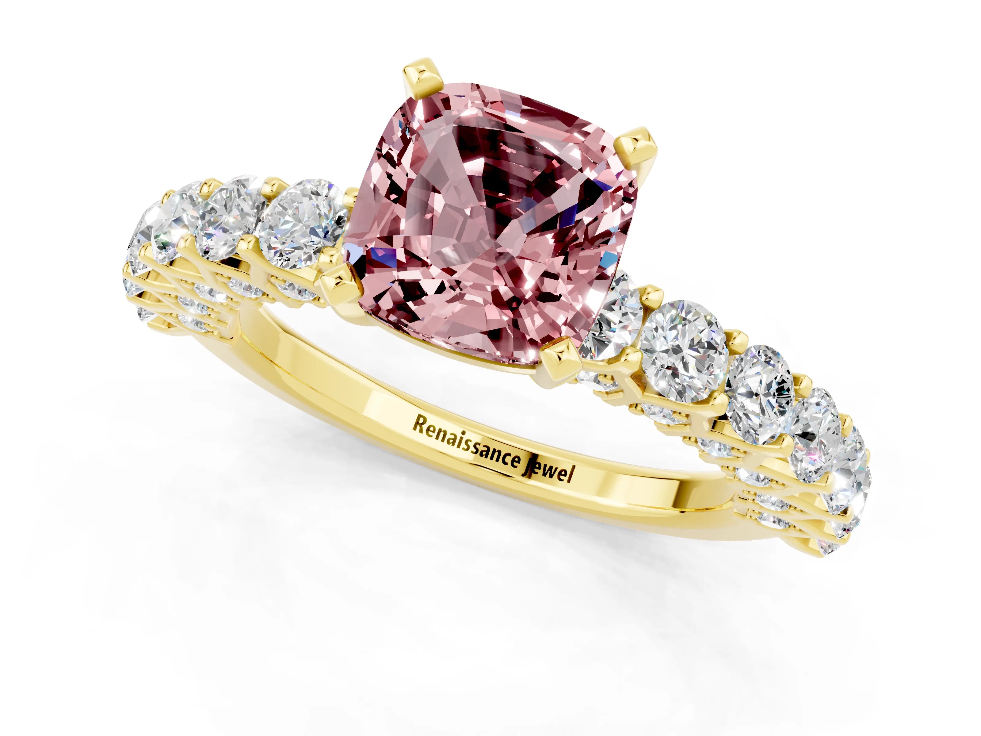 Yellow gold Cushion Cut Morganite Solitaire Ring with Shared Prong Pavé Band and Four-Prong Setting_1
