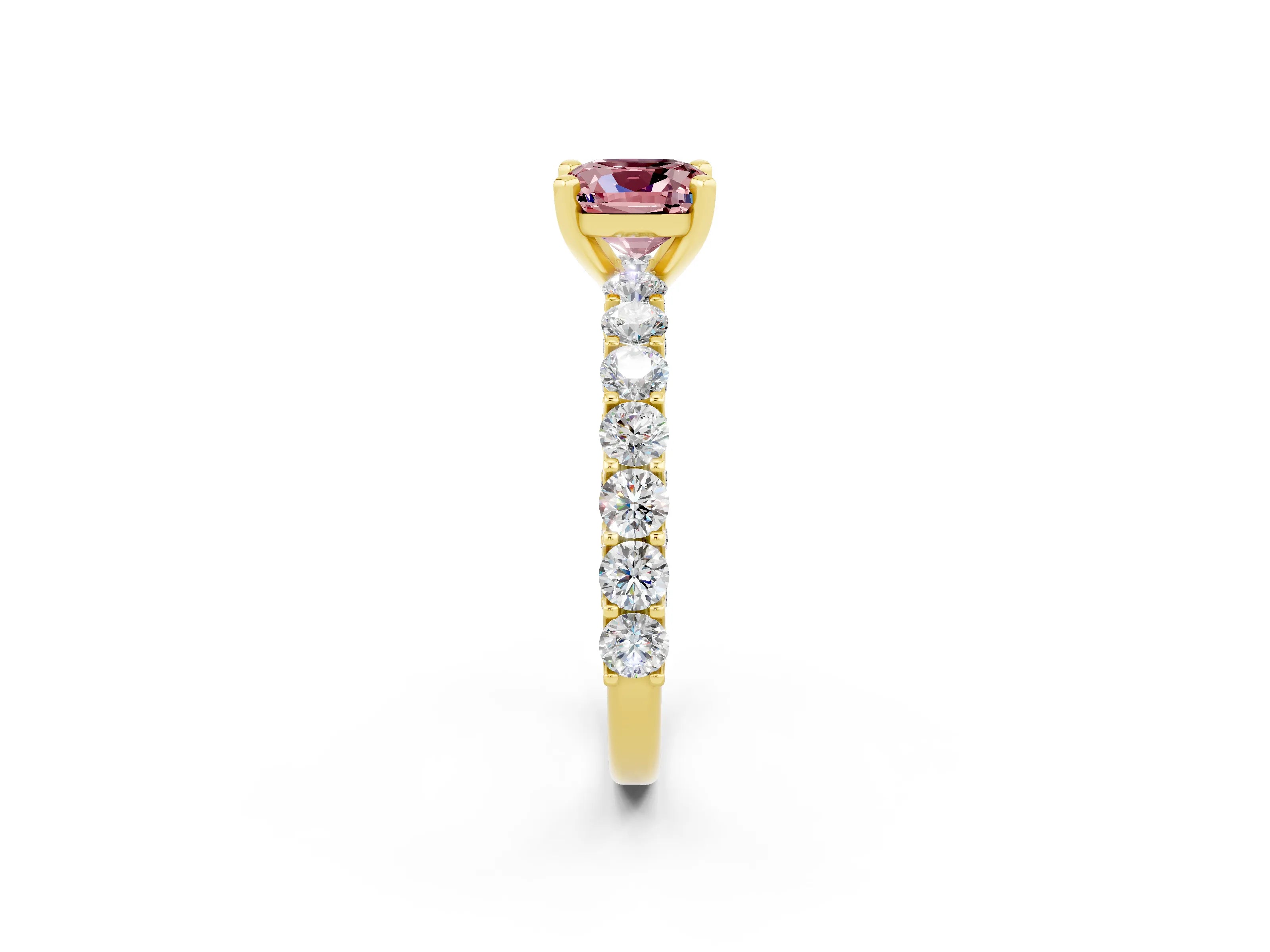 Yellow gold Cushion Cut Morganite Solitaire Ring with Shared Prong Pavé Band and Four-Prong Setting_2