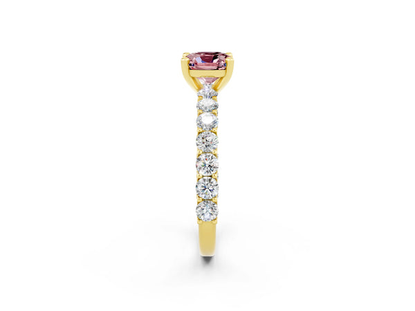 Yellow gold Cushion Cut Morganite Solitaire Ring with Shared Prong Pavé Band and Four-Prong Setting