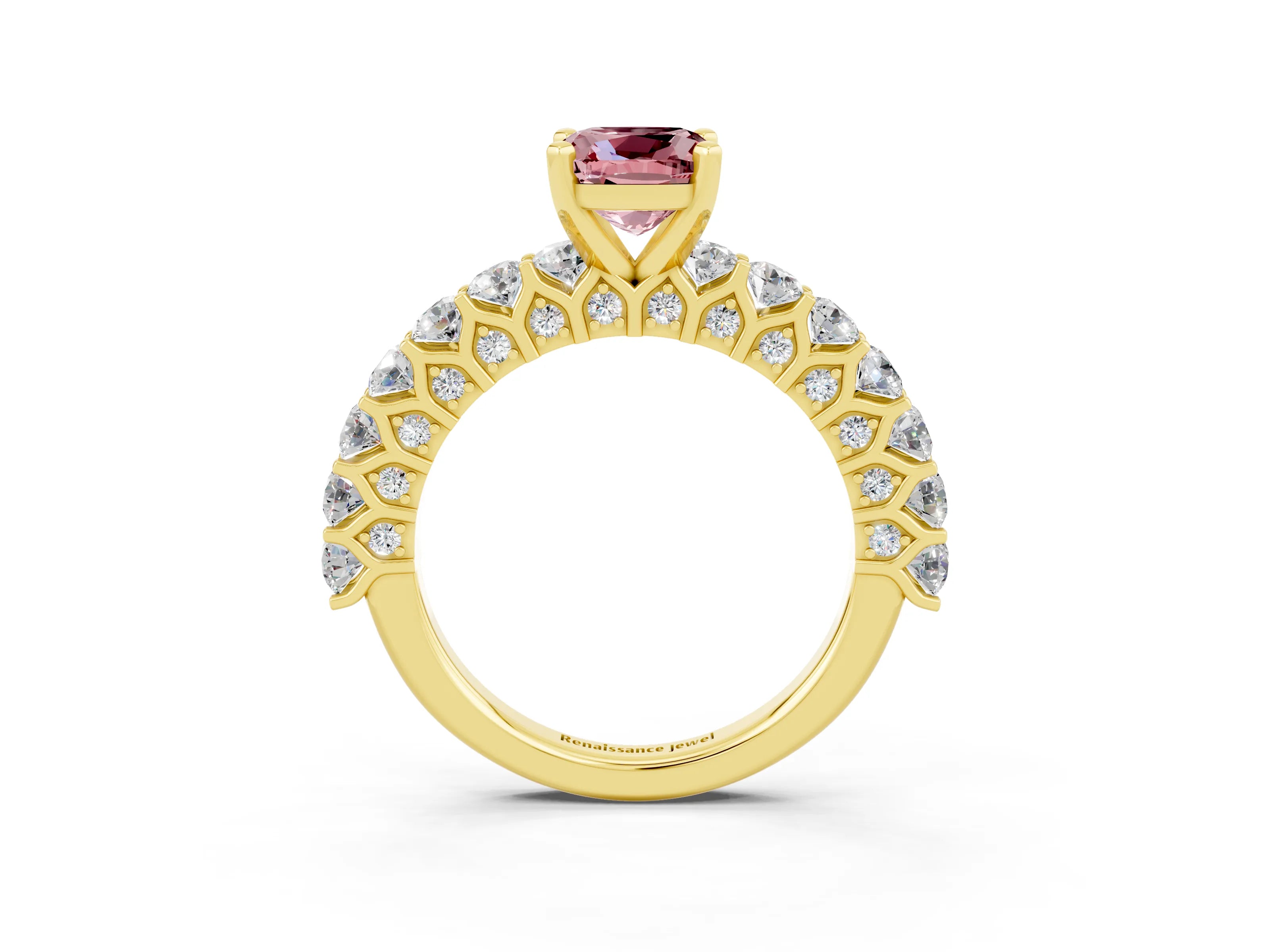 Yellow gold Cushion Cut Morganite Solitaire Ring with Shared Prong Pavé Band and Four-Prong Setting_3