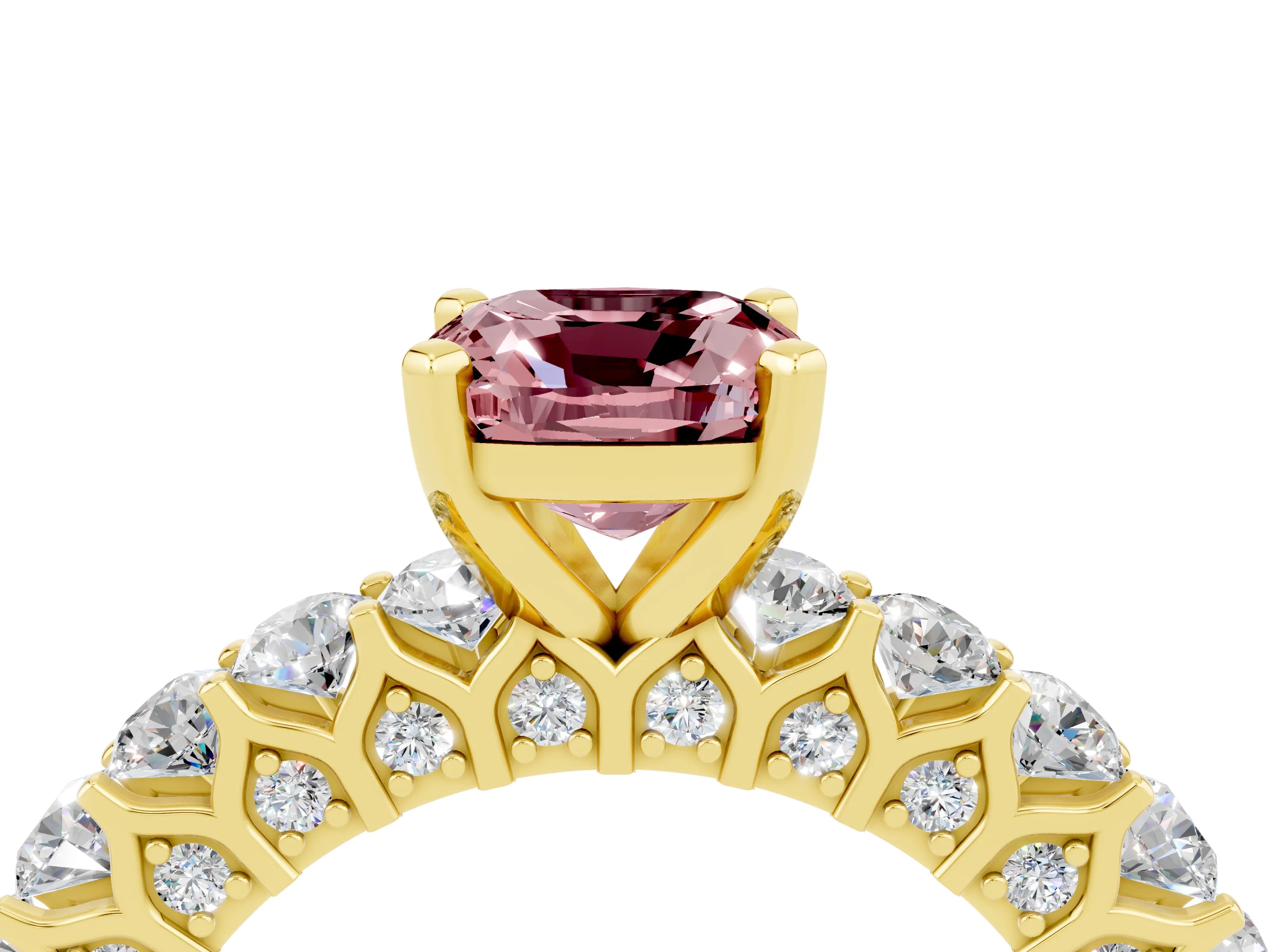 Yellow gold Cushion Cut Morganite Solitaire Ring with Shared Prong Pavé Band and Four-Prong Setting_4
