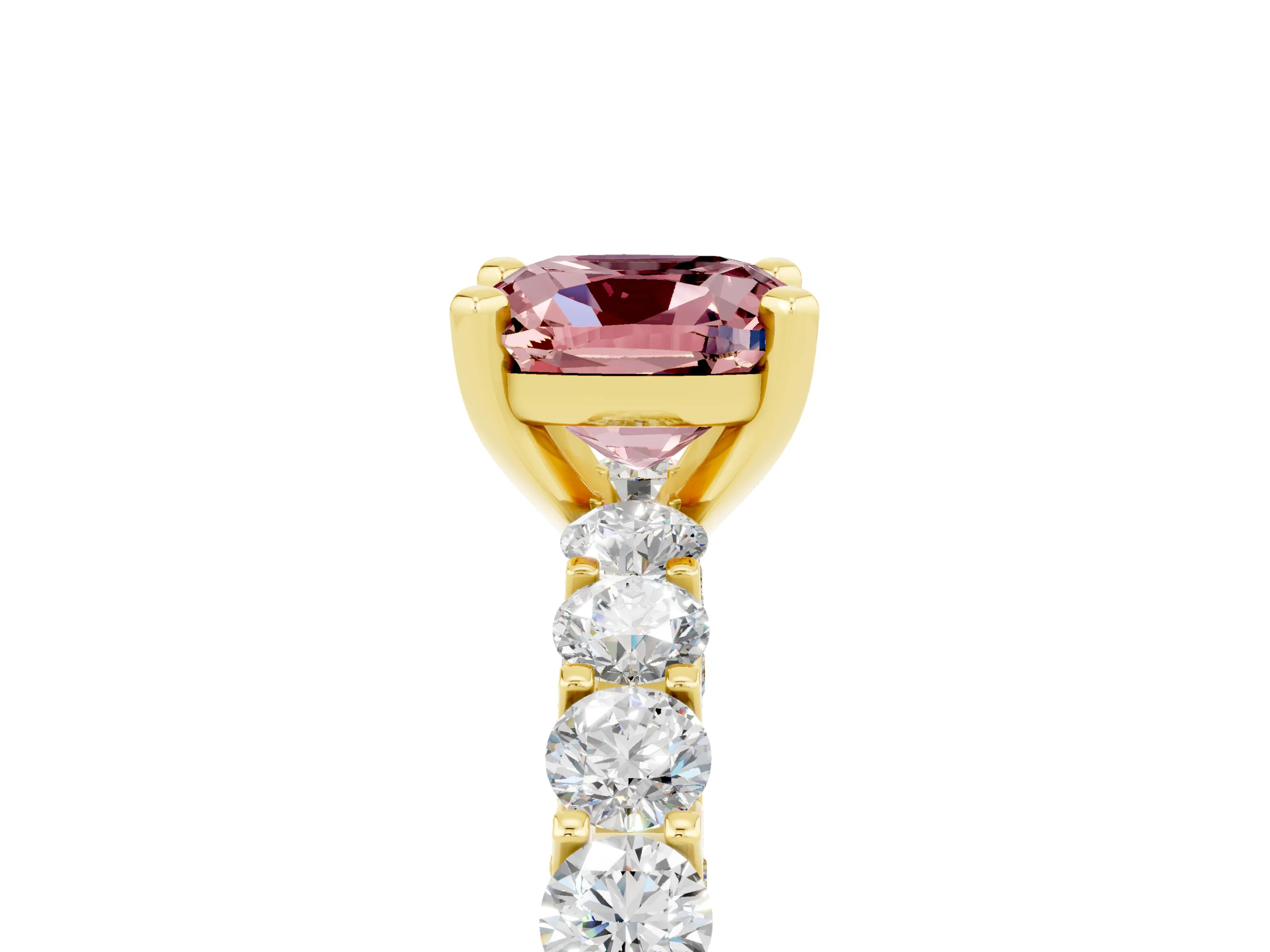 Yellow gold Cushion Cut Morganite Solitaire Ring with Shared Prong Pavé Band and Four-Prong Setting_5