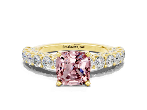 Yellow gold Cushion Cut Morganite Solitaire Ring with Shared Prong Pavé Band and Four-Prong Setting
