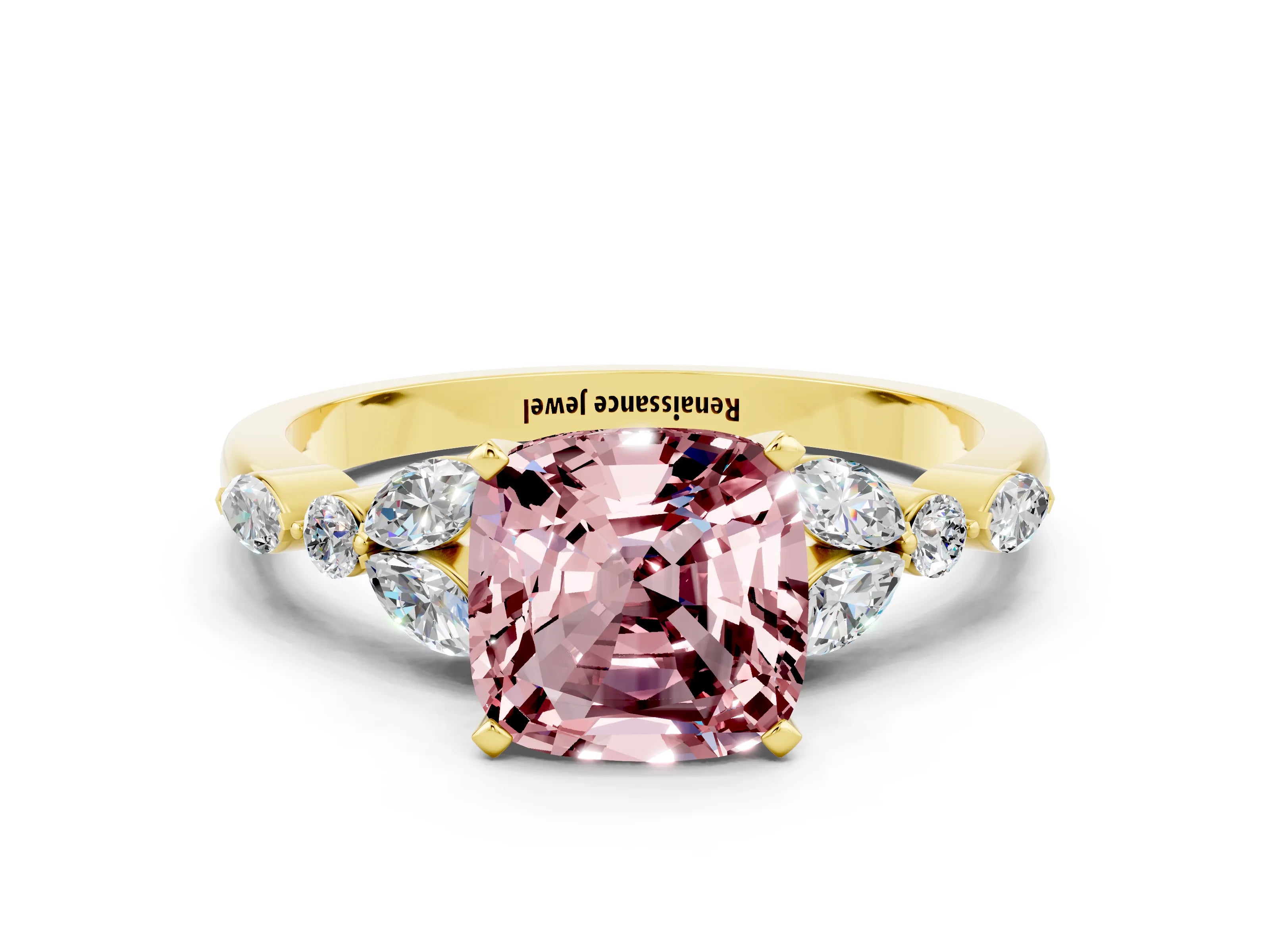 Yellow gold Cushion Cut Morganite Solitaire Ring with Side Stones and Four-Prong Setting_12