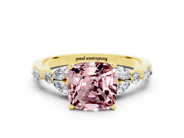 Yellow gold Cushion Cut Morganite Solitaire Ring with Side Stones and Four-Prong Setting