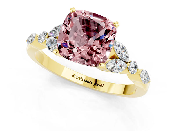Yellow gold Cushion Cut Morganite Solitaire Ring with Side Stones and Four-Prong Setting