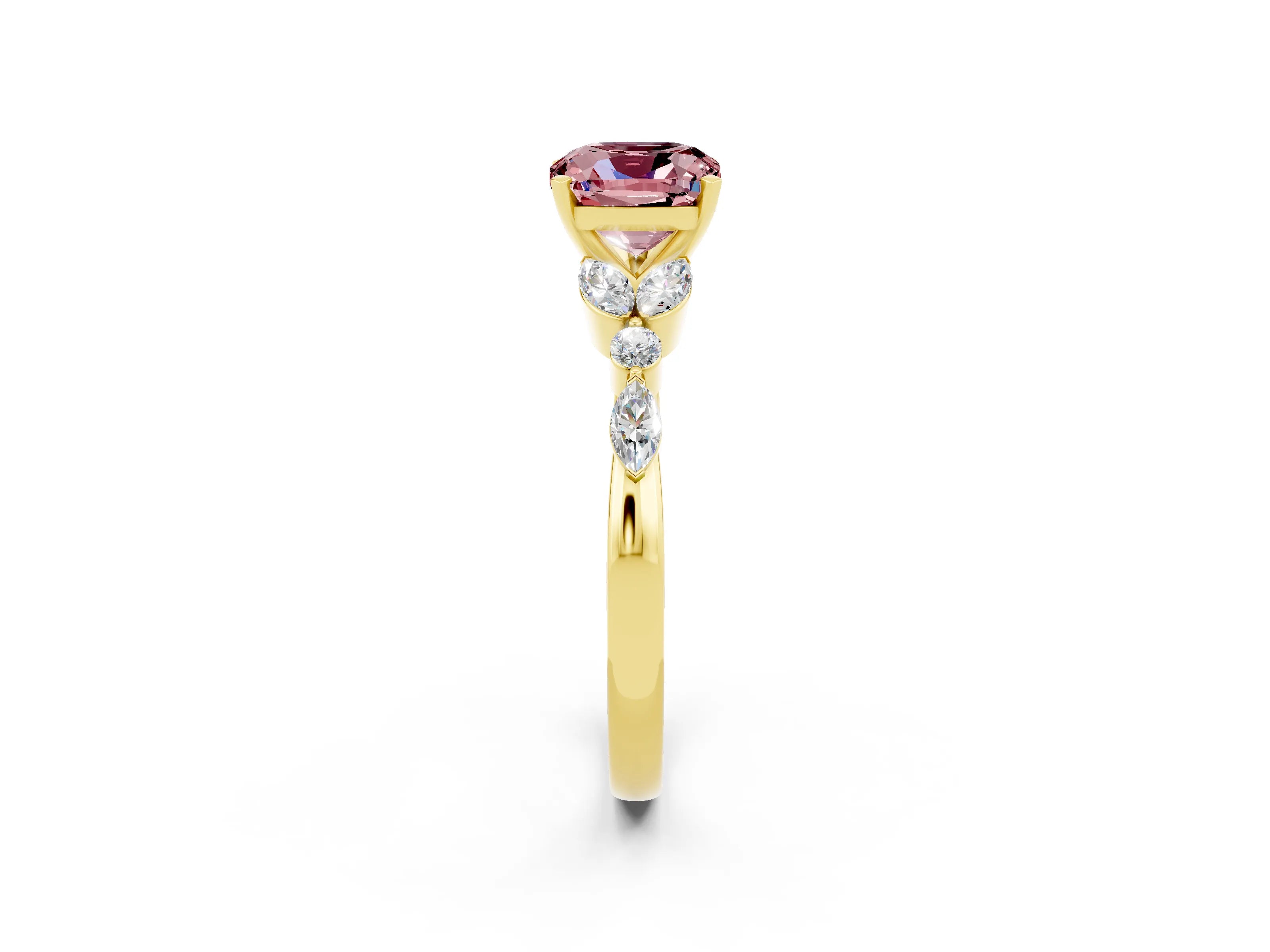 Yellow gold Cushion Cut Morganite Solitaire Ring with Side Stones and Four-Prong Setting_14