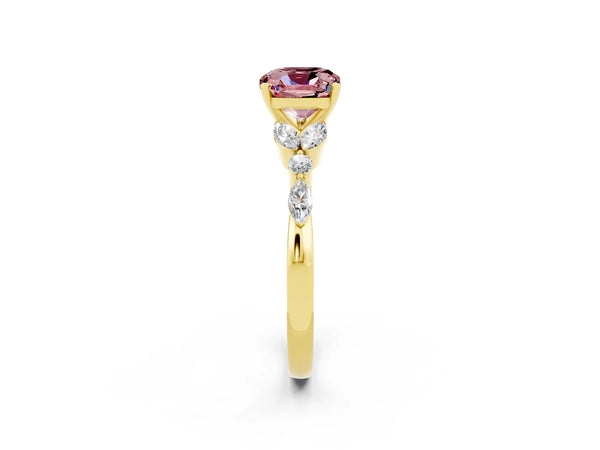 Yellow gold Cushion Cut Morganite Solitaire Ring with Side Stones and Four-Prong Setting