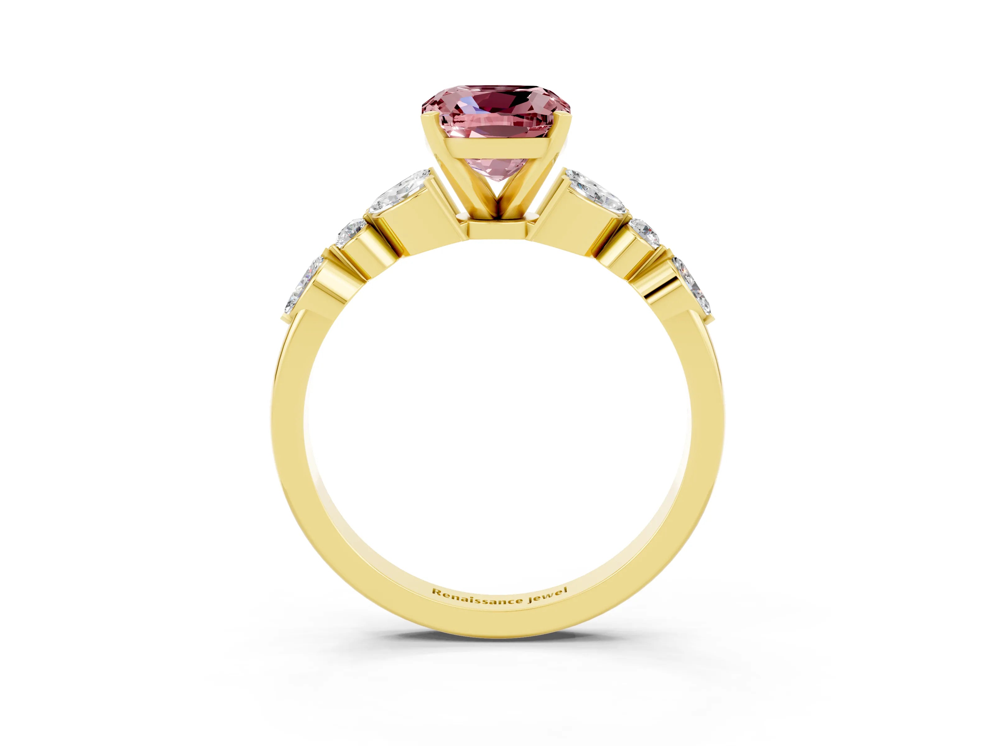 Yellow gold Cushion Cut Morganite Solitaire Ring with Side Stones and Four-Prong Setting_15