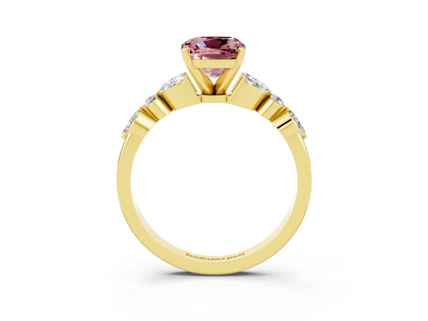 Yellow gold Cushion Cut Morganite Solitaire Ring with Side Stones and Four-Prong Setting