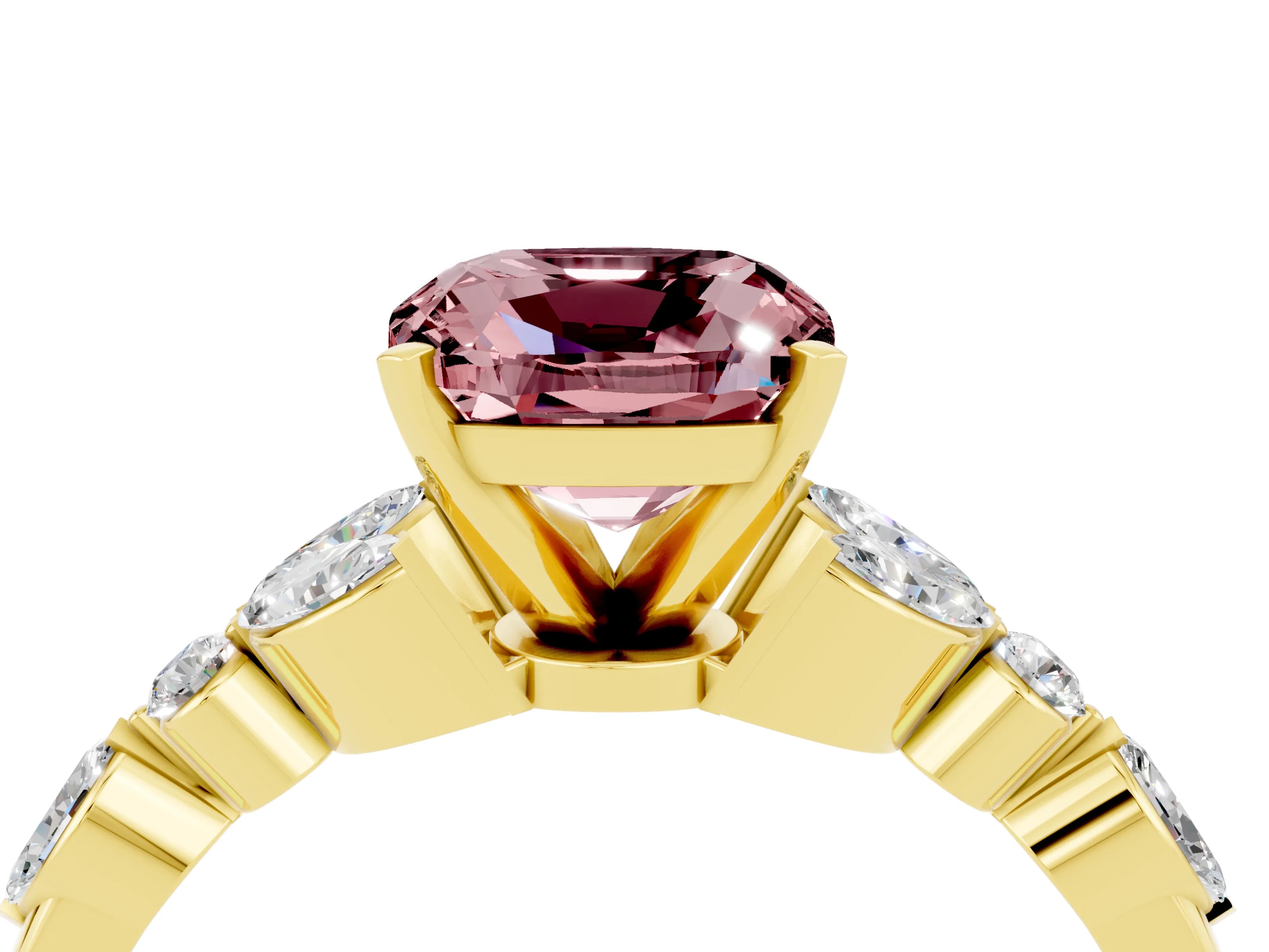 Yellow gold Cushion Cut Morganite Solitaire Ring with Side Stones and Four-Prong Setting_16