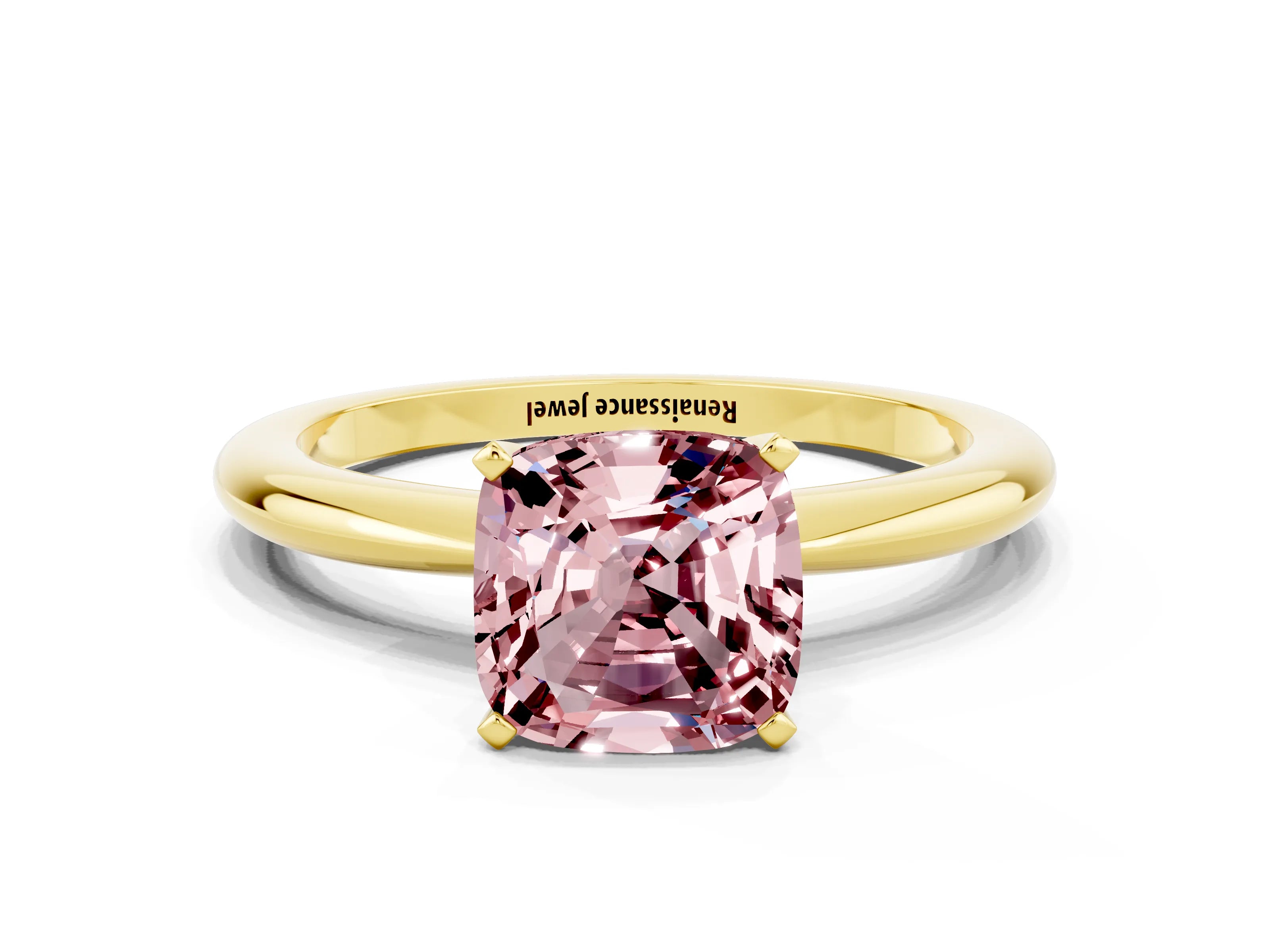 Yellow gold Cushion Cut Morganite Solitaire Ring with Six-Prong Setting and Classic Band