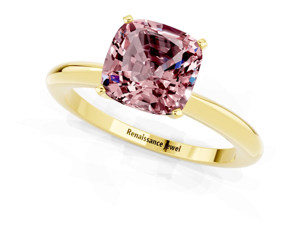 Yellow gold Cushion Cut Morganite Solitaire Ring with Six-Prong Setting and Classic Band