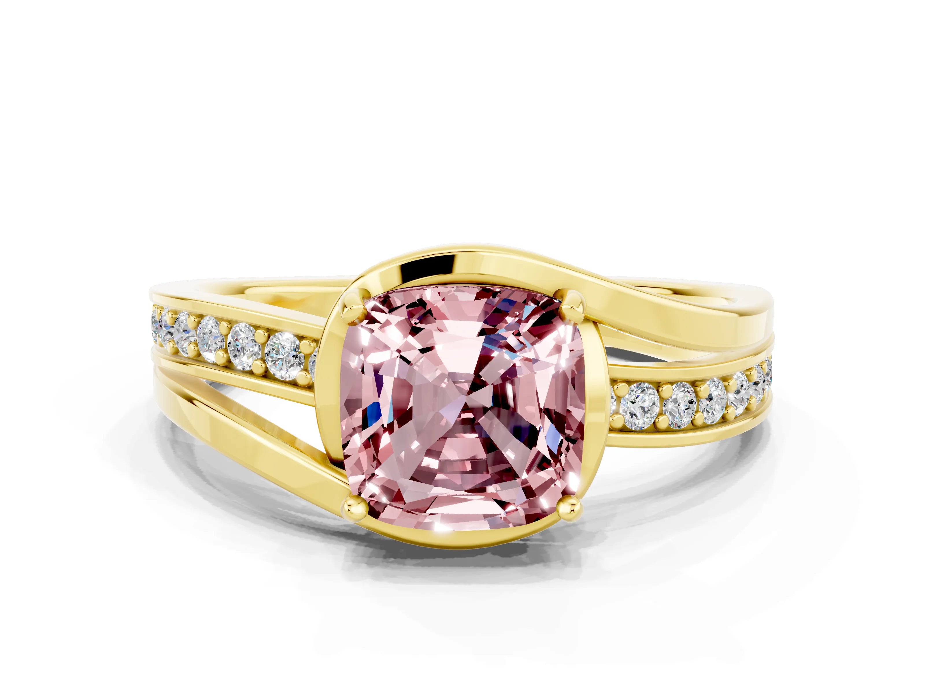 Yellow gold Cushion Cut Morganite Solitaire Ring with Split Shank and Prong Setting