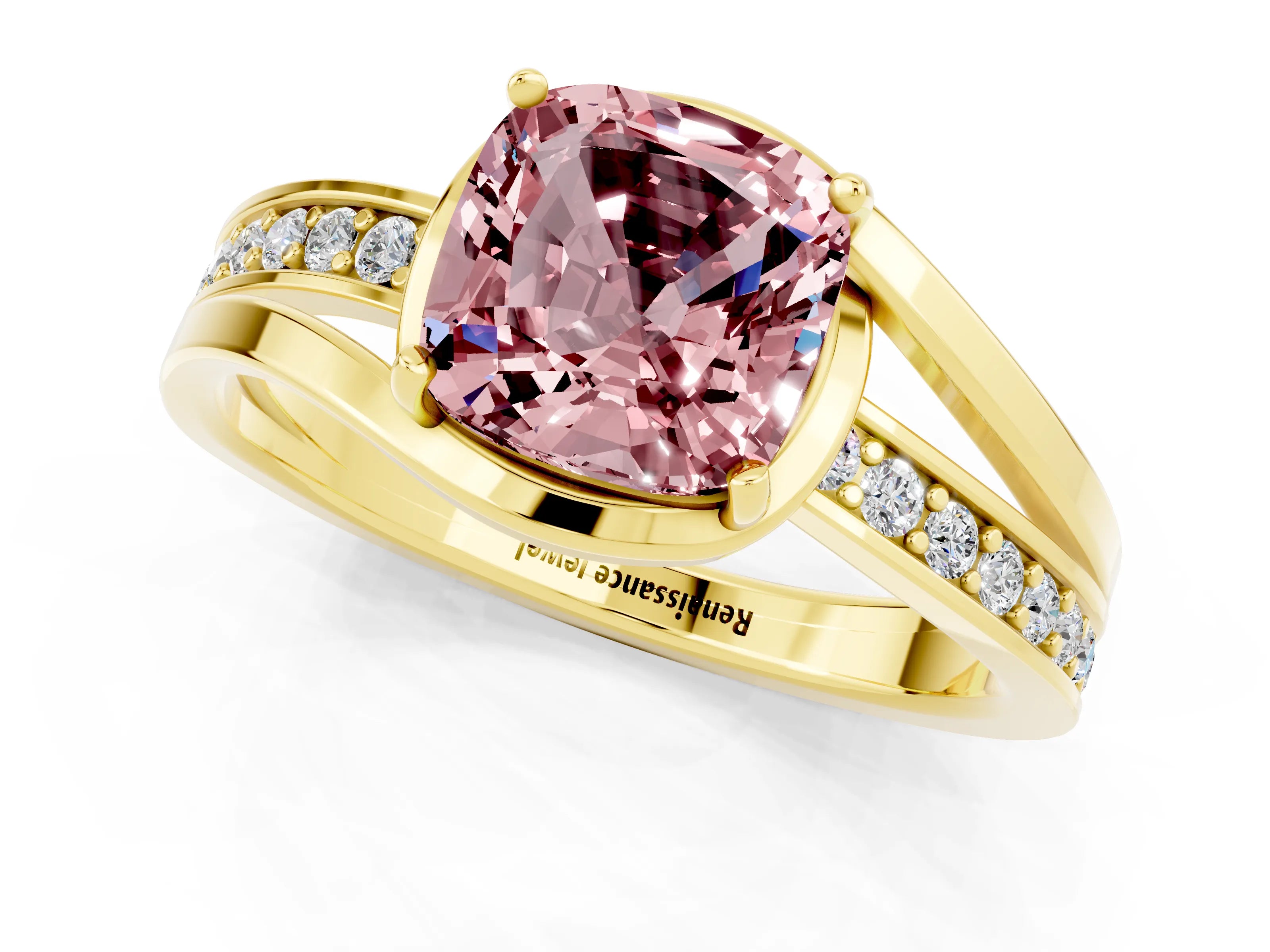 Yellow gold Cushion Cut Morganite Solitaire Ring with Split Shank and Prong Setting_1