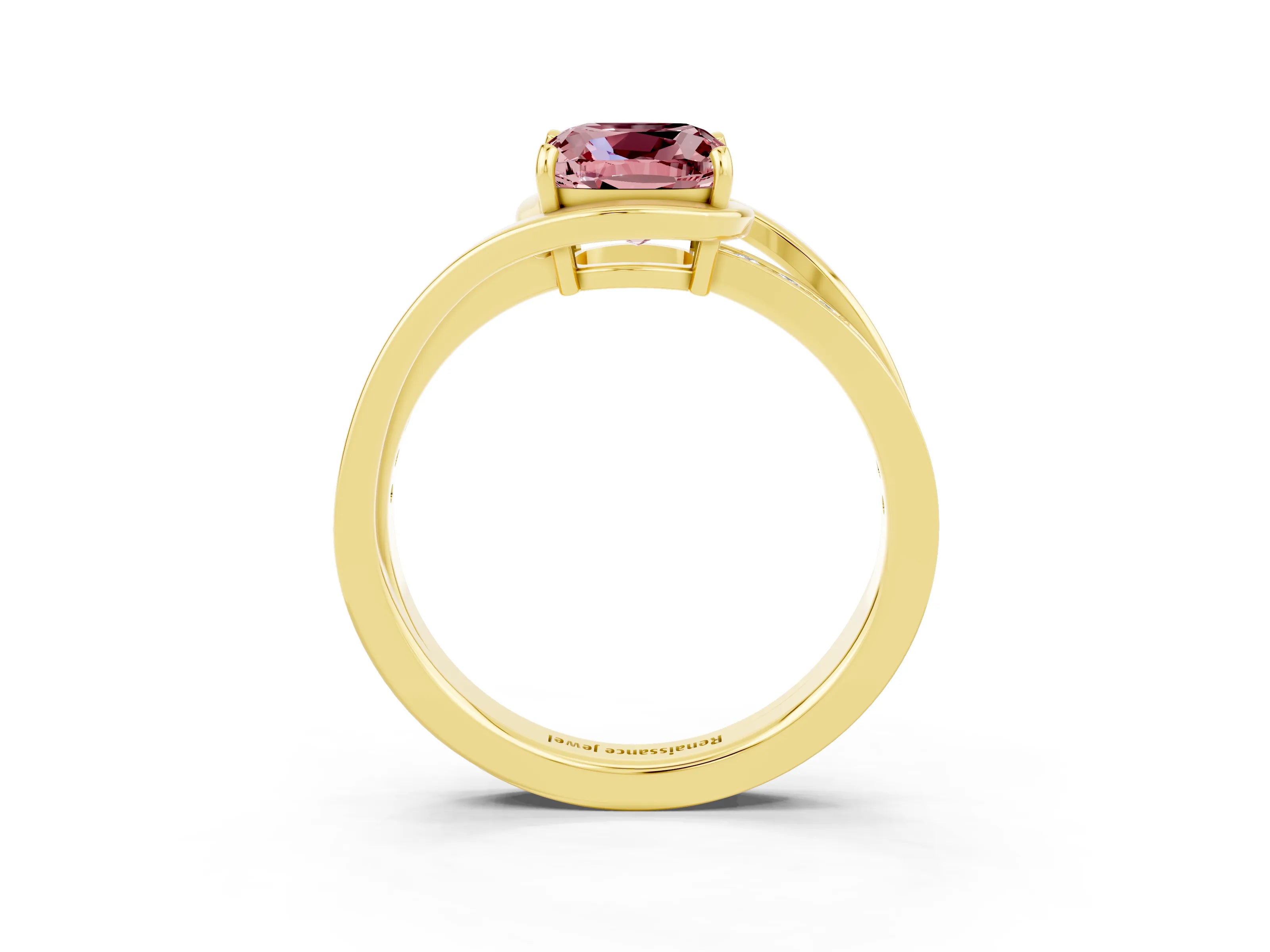 Yellow gold Cushion Cut Morganite Solitaire Ring with Split Shank and Prong Setting_3